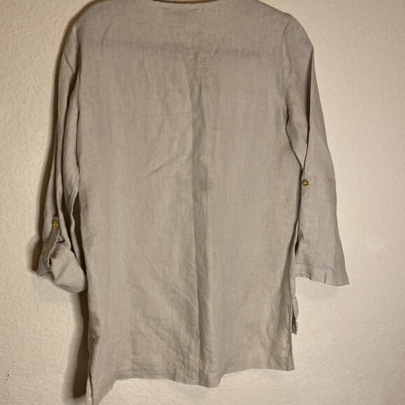 Ellen Tracy linen blouse shirt quarter sleeve oversize baggy tie lagen cottage - Picture 7 of 11